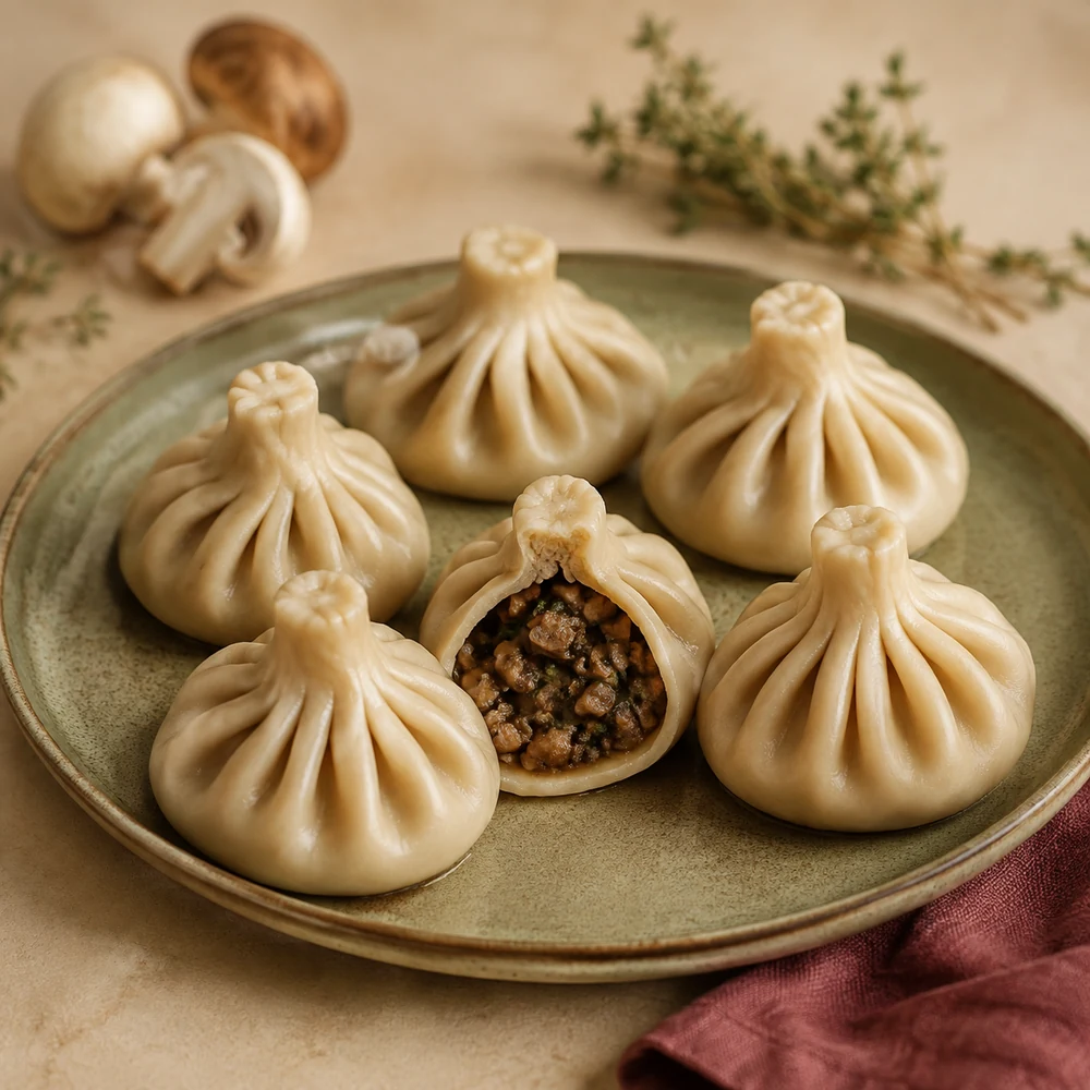 Mushroom khinkali with a savory mushroom and herb filling